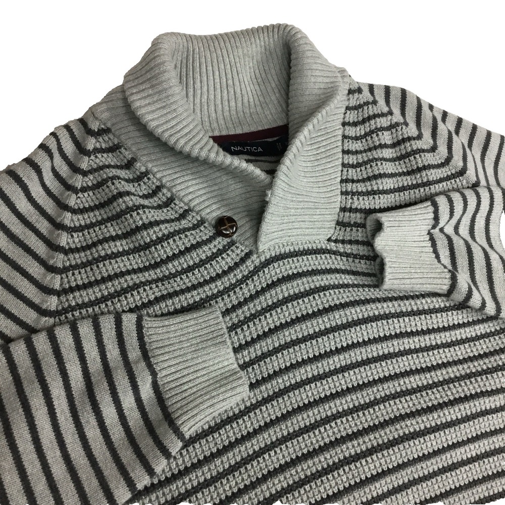 Nautica Mens XL Gray Striped Shawl Neck Waffle Knit Cotton Sweater‎ Pullover
